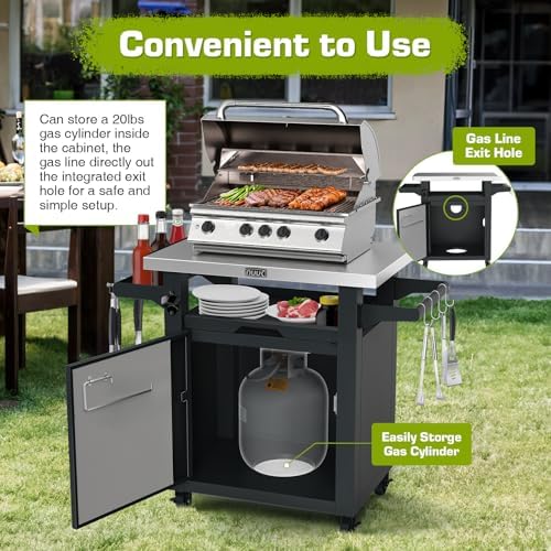 NUUK Grill Table with Storage Cabinet, Outdoor Grill Cart Pizza Oven Table with Wheels, Stainless Steel Top Kitchen Island 20"x30" Rolling Prep Station Outdoor Bar Cart for BBQ, Deck, Backyard