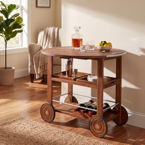 Merax Outdoor Acacia Wood Bar Cart Aluminum Accents with Drop Leaf and Removable Trays for Garden,Patio
