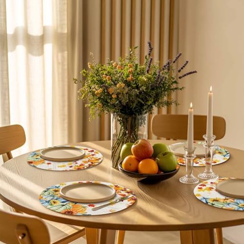 Fall Round Placemats Set of 6 Thanksgiving Autumn Maple Leaves Place Mats Woven Placemat Sunflower Orange Blue Green Pumpkin Circle Braided Table Mat for Kitchen Holiday Party Fall Decor 15 Inch
