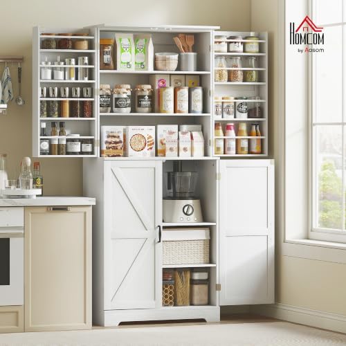 HOMCOM 72" Farmhouse Kitchen Pantry Cabinet, Tall, 4 Barn Doors, White