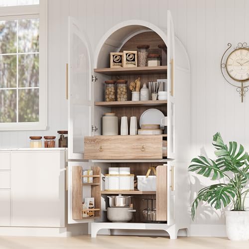 GDFStudio Mariah 71" Tall Arched Kitchen Pantry Cabinet with Hidden Drawer, Glass Door & Adjustable Shelves, Farmhouse Storage Cabinet Cupboard for Kitchen Dining Room, Home Pantry Storage, White