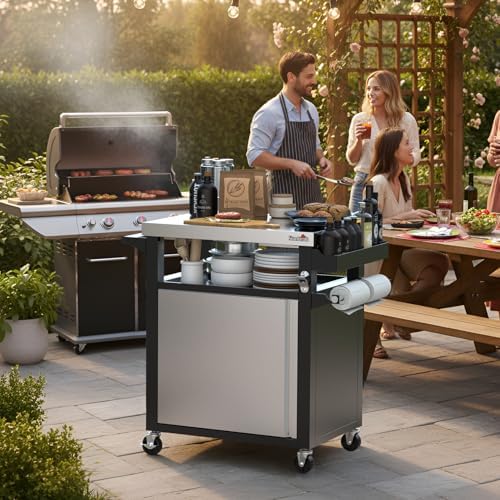 Stanbroil Rolling Grill Table Cart with Stainless Steel Cabinet & Tabletop