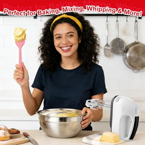 Showvigor Electric Hand Mixer with Stainless Steel Mixing Bowl Set –7 Speeds Turbo-Boost Hand Mixer with Large Mixing Bowls, Measuring Cups, Spoons & Spatula for Kitchen Cakes Eggs Baking(Pink)