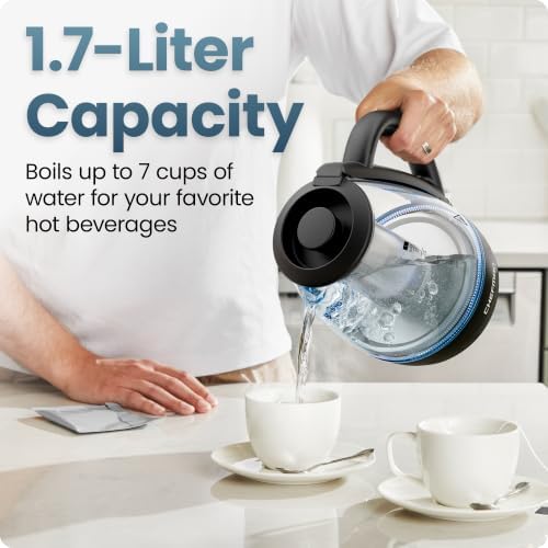 Chefman Electric Kettle with Tea Infuser, 1.7L 1500W, Removable Lid for Easy Cleaning, Boil-Dry Protection, Stainless Steel Filter, BPA Free, Auto Shut Off Hot Water Boiler, Glass Electric Tea Kettle - Image 3