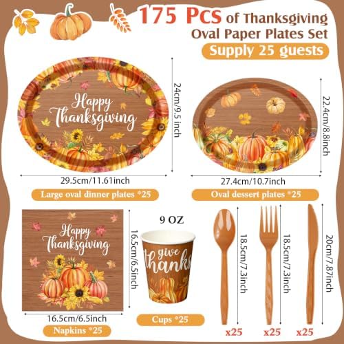Pajean 175 Pcs Thanksgiving Oval Paper Plates Set 12 inch Wood Grain Fall
