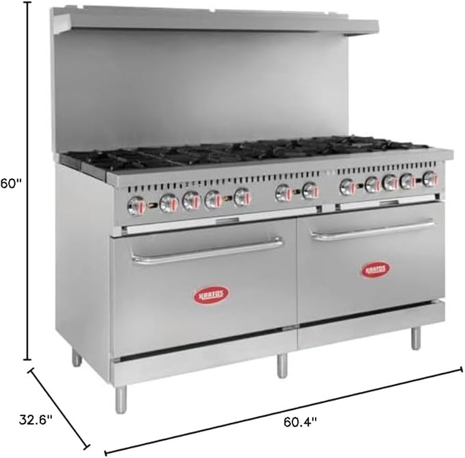 Kratos Commercial Gas Range and Oven, 10 Burners and 2 Full Sized Ovens, Liquid Propane Powered, Stainless Steel, 360,000 Total BTU Output, 60" Wide (29Y-045-LP)