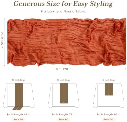 Goodluck Fall Table Runner, 10 Pack 10FT Terracotta Cheesecloth Table Runner 35x120 Inch Burnt Orange Boho Gauze Table Runner for Thanksgiving Autumn Fall Wedding Baby Shower Home KitchenTable Decor