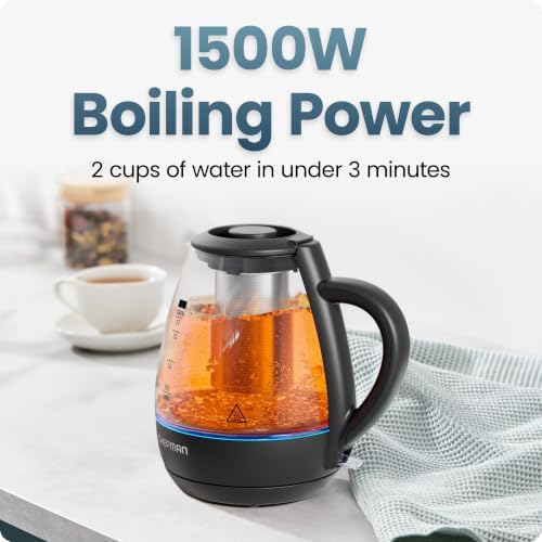 Chefman Electric Kettle with Tea Infuser, 1.7L 1500W, Removable Lid for Easy Cleaning, Boil-Dry Protection, Stainless Steel Filter, BPA Free, Auto Shut Off Hot Water Boiler, Glass Electric Tea Kettle - Image 2
