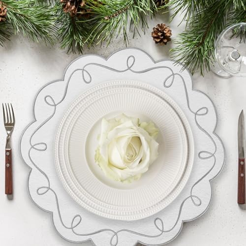 15 Inch Ribbon Twirl Embroidery Round Placemats Set of 4, Scalloped Round Table Mats for Party Kitchen Dining Decoration, Gray