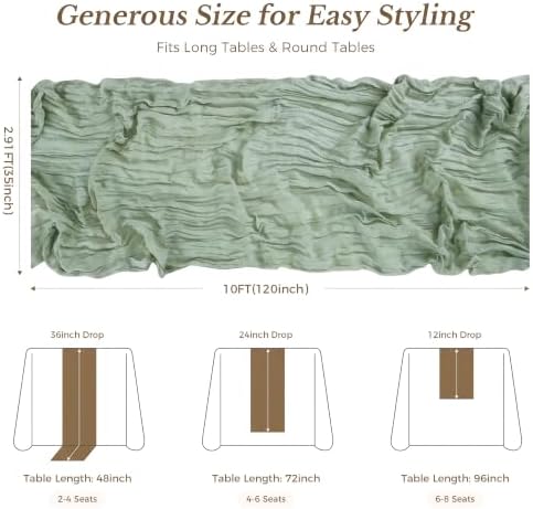Goodluck 10 Pack 10Ft Sage Green Cheesecloth Table Runner 35x120 Inch Boho Gauze Table Runner Cheese Cloth Extra Long Romantic Table Runners for Wedding Bridal Shower Birthday Party Table Decor