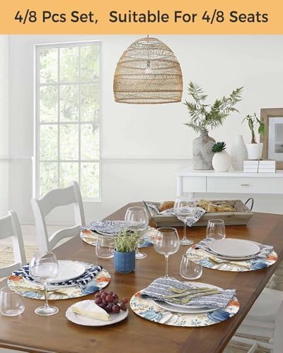 Fall Round Placemats Set of 4 Pumpkin Blue Orange Thanksgiving Place Mats Washable Woven Placemat White Pumpkin Leaves Circle Braided Table Mat for Kitchen Dining Table Holiday Party Decor 15 Inch