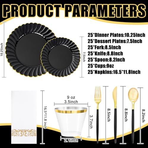 Ciaell 175 Piece Black and Gold Plastic Plates for Weddings Parties