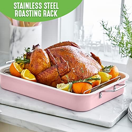 GreenLife 16.5” x 12” Healthy Ceramic Nonstick Roasting Pan with Stainless Steel Roaster Rack, PFAS-Free, PFOA-Free, Dishwasher Safe, Oven Safe, Easy Pouring Rims, Soft Pink