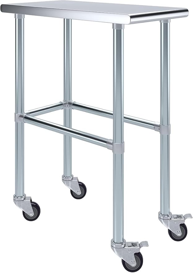 Stainless Steel Work Table Open Base & Wheels | Work Station | Metal Work Bench (Stainless Steel Work Table Open Base + Casters) (15" Long x 30" Deep)
