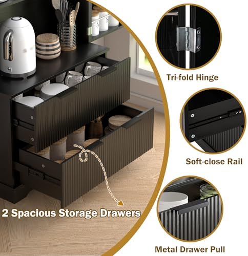 KEIKI 72" Fluted Kitchen Pantry Cabinet with 2 Drawers & 8 Door Spice Racks, Tall Freestanding Storage Cabinet with Adjustable Shelf for Kitchen, Dining Room, Bathroom, Black