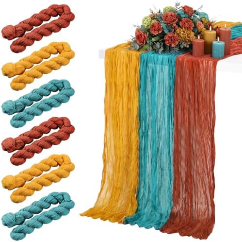 6 Pcs Fall Terracotta and Teal Cheesecloth Table Runner 118"