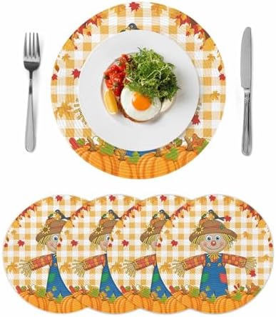 Fall Round Placemats Set of 4 Thanksgiving Scarecrows Crow Pumpkin Place Mats Woven Placemat Maple Leaf Orange Buffalo Plaid Circle Braided Table Mat for Kitchen Holiday Party Fall Decor 15 Inch