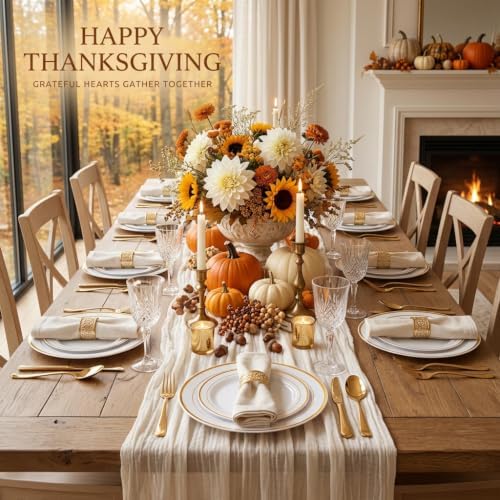 FLOWERCAT 60PCS Gold Plastic Plates - Heavy Duty White and Gold Plastic Plates Disposable for Fall Party/Wedding/Thanksgiving - Include 30PCS 10.25" Dinner Plates and 30PCS 7.5" Dessert Plates
