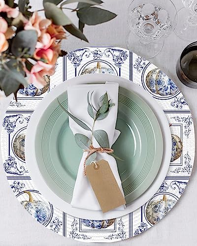 Fall Round Placemats Set of 2 Flower Pumpkin Thanksgiving Place Mats Washable Woven Placemat Blue Floral Circle Braided Table Mat for Kitchen Dining Table Holiday Party Autumn Decorations 15 Inch