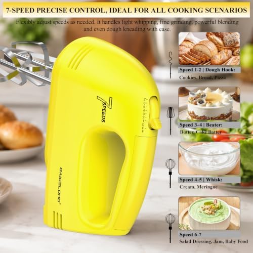 BAIGELONG Hand Mixer. 7-Speed Adjustable Kitchen Electric Mixer. With 5 Stainless Steel Attachments: 2 Hooks, 2 Beaters, 1 Whisk. Comes 1 Storage Box. Perfect for Bakers and New Starters, Yellow