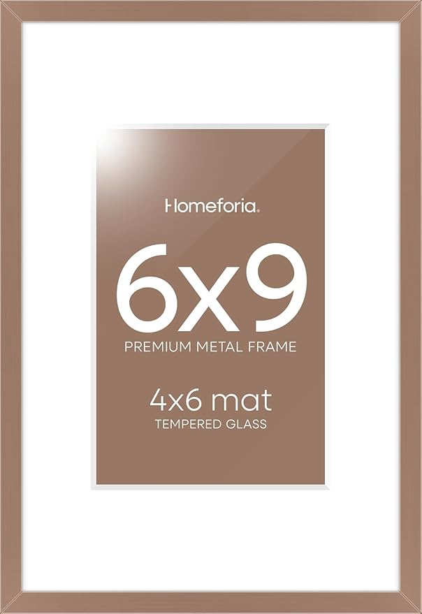 Homeforia 6x9 Picture Frame Mocha, High End Metal 6 x 9 Frames with Mat 4 by 6 for Print, Photo Frame 6x9 Mocha Matted to 4x6 inches Art, 6by9 Wall or Tabletop Frames, Tempered Glass, Wall Kit, Set of 1