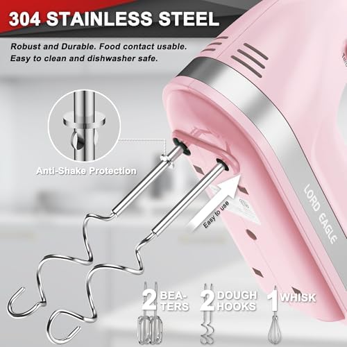 Lord Eagle Hand Mixer Electric Handheld 400W 5-Speed Lightweight, Pink