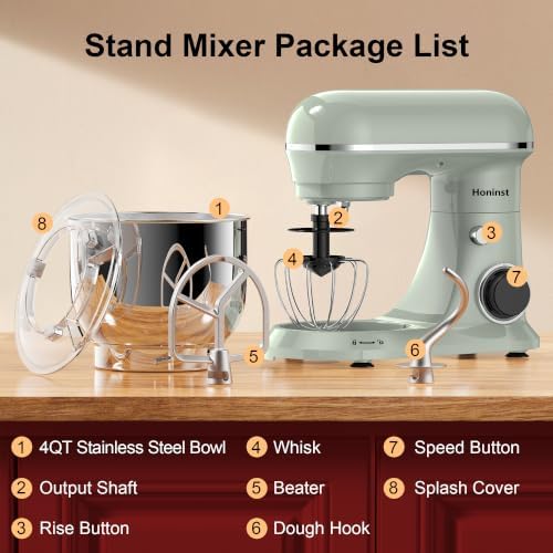Honinst 4QT Electric Stand Mixer, 10-Speed Tilt-Head Compact Kitchen Mixer