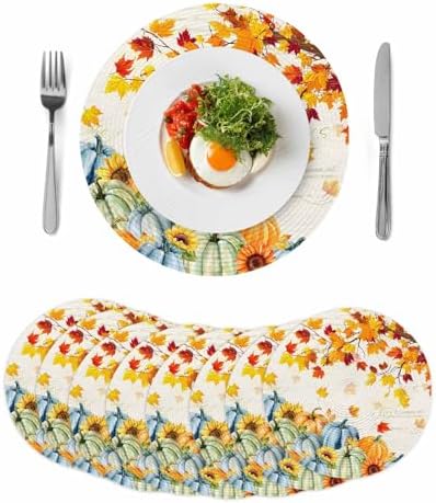 Fall Round Placemats Set of 8 Thanksgiving Autumn Maple Leaves Place Mats Woven Placemat Sunflower Orange Blue Green Pumpkin Circle Braided Table Mat for Kitchen Holiday Party Fall Decor 15 Inch