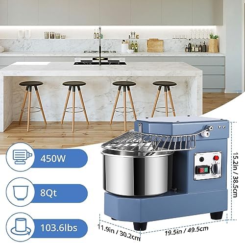 Commercial Dough Mixer, Garvee 8 QT Food Mixer 450W Dual Rotating Dough Kneading Machine with Stainless Steel Bowl, Stand Mixer with Safety Shield, 110V for Restaurant, Bakeries, Pizzeria