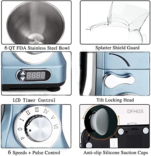 Professional Stand Mixer, 6-Qt with Timer, MK37 500W 6-Speed Tilt-Head Food Electric Mixer Kitchen Machine,Plastic (Silver Blue)