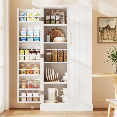 kepptory 47" Kitchen Pantry Cabinet, Freestanding Tall Storage Cabinet with Doors and Adjustable Shelves, Large Food Storage Organizer for Kitchen, Dining Room, Living Room, Farmhouse Cupboard, White