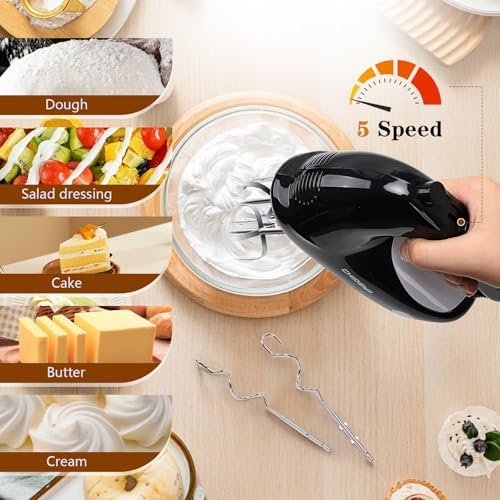 5-Speed Hand Mixer Handheld，300 W Electric Whisk with 4 Stainless Steel Accessories，Electric Hand Mixer for Baking Cakes, Eggs, Cream （Black）