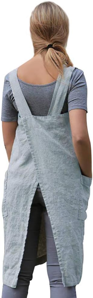 WROLEM Women's Practical Cross Back Pinafore Apron with Large Pockets Home Kitchen,Restaurant,Coffee House,Cooking,Gardening
