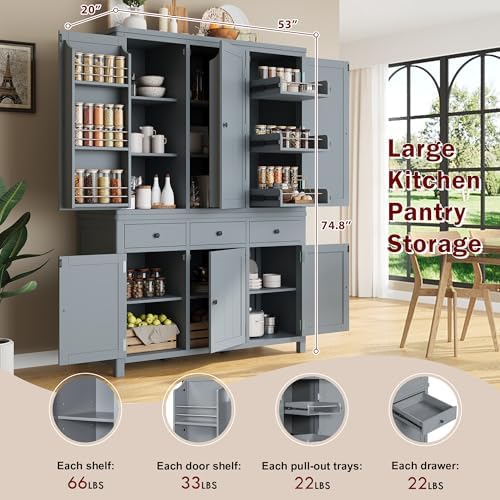 Merax 74.8'' Tall Kitchen Pantry Storage Cabinet with 6 Doors, 3 Drawers and Adjustable Shelves, Freestanding Large Cupboard & Pull-Out Trays for Kitchen, Dining Room, Living Room, Gray