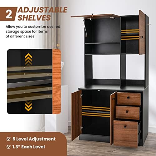 LOKO 71” Tall Kitchen Pantry Storage Cabinet with 3 Drawer, 4 Doors, Walnut