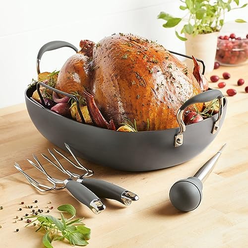 Anolon Advanced Home Hard Anodized Nonstick Roaster/Roasting Pan with Utensils, 16 Inch x 13 Inch, Moonstone