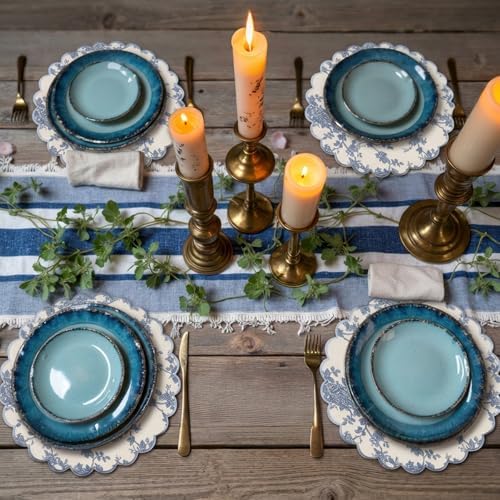 Set of 36 Blue Floral Cotton Placemat 15" Round Scalloped Navy Blue