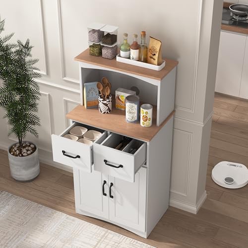 GDFStudio Wooden Kitchen Pantry Cabinet with Microwave Stand & Storage Drawer, Modern MDF Storage Cabinet with Adjustable Shelf, 2 Doors, Rectangle Home Organization Cupboard, White