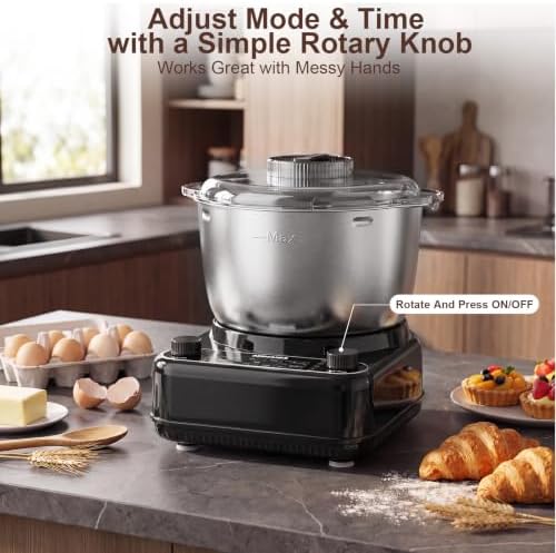 Electric Dough Mixer with Ferment Function, 6.5QT Stand Dough Maker, Dough Kneading Machine with 304 Stainless Steel Bowl, Removable Lid & Knob Control, Ideal for Pizza, Pasta, Bread - Onyx Black