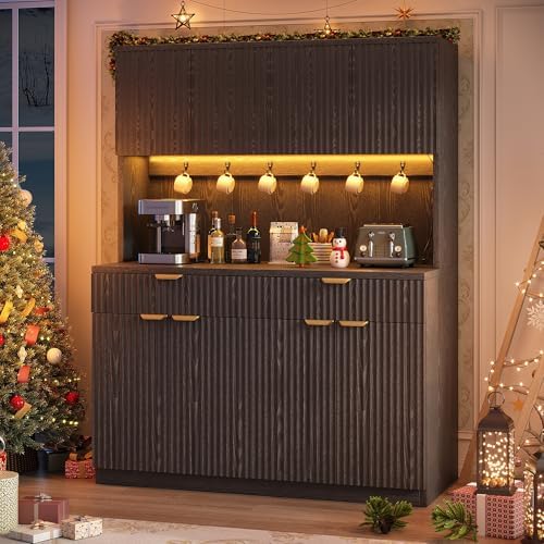 Jocoevol Fluted Kitchen Pantry Storage Cabinet with Charging Station & LED Lights,71" Tall Kitchen Hutch with Microwave Stand, Adjustable Shelves,Storage Doors(Black, 47" W x71 Hx15.7 D)
