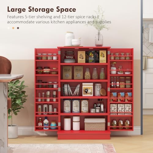 HOMCOM 41" Kitchen Pantry Storage Cabinet 12 Door Shelves Red