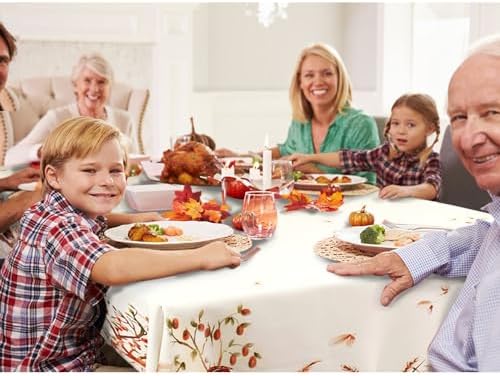 Fall Thanksgiving Double Border Decoration Tablecloth,Turkey & Pumpkin Harvest Tablecloths, Waterproof Table Cover for Dinner Kitchen Party Holiday Decorations, 60"x 120" Oblong/Rectangle