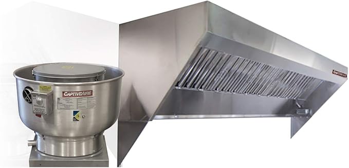 Food Truck Low Profile Exhaust Hood System Includes a stainless steel exhaust hood, an exhaust fan, an adjustable duct section, and installation hardware (6' Long Hood & Fan)