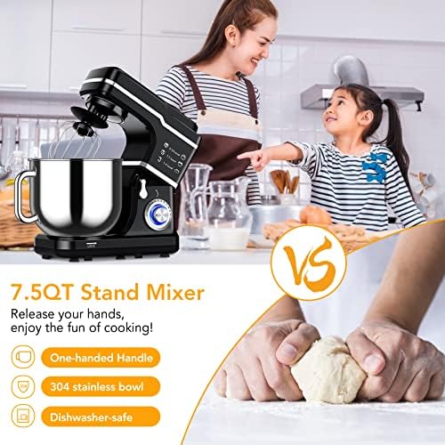 Stand Mixer, 7.5 Qt Stand Food Mixer 10 Speeds, Tilt-Head 3-IN-1 Kitchen Electric Mixer with Stainless Steel Bowl, Whisk, Dough Hook, Flat Beater, Countertop Household Stand Mixer,Black