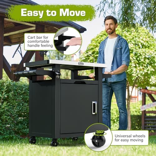 NUUK Grill Table with Storage Cabinet, Outdoor Grill Cart Pizza Oven Table with Wheels, Stainless Steel Top Kitchen Island 20"x30" Rolling Prep Station Outdoor Bar Cart for BBQ, Deck, Backyard