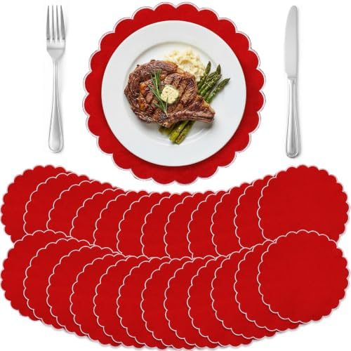 Set of 24 Red Cotton Placemats 15" Round Scalloped White