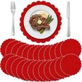 Set of 24 Red Cotton Placemats 15" Round Scalloped White