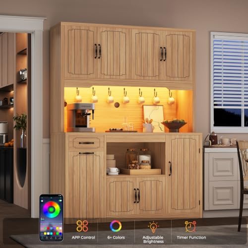 Fluted Kitchen Pantry Cabinet with Charging Station & LED Light, 47" Wide Kitchen Pantry Storage Cabinet with Countertop, Microwave & Appliance Storage, Food Pantry Cabinet for Dining Room ,Natural