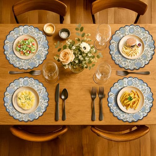 Ridhi Floral Block Print Round Placemats 15 Inch, Set of 4, Asparagus Green