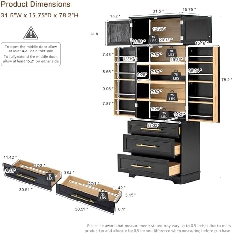 Merax 78.2" Tall Farmhouse Kitchen Pantry Cabinet with 8 Door Shelves, Storage Cabinet with 3 Adjustable Shelves, 3 Large Drawers, Versatile Cupboard for Kitchen, Dining & Bathroom, Ash Black